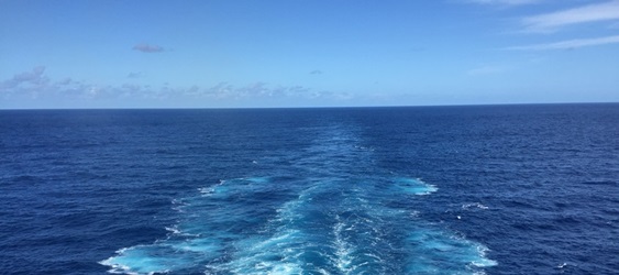 Kreuzfahrt Blick Achtern blaues Meer Gischt schäumt